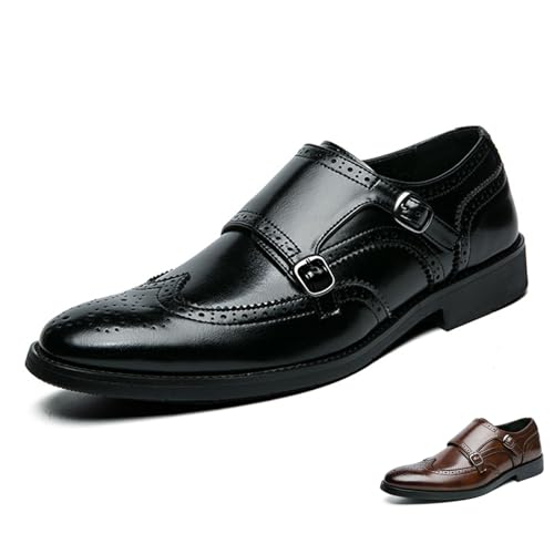 Men's Leather Double Monk Strap Brogue Dress Oxfords Shoes Fashion Classic Wingtip Low Top Slip On Loafers Business Casual Comfortable Formal Shoes