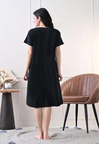 Image of Women's Night Dress Short Sleeve Round Neck Sleepwear with Stylish Contrast Panel, Comfortable Nightwear for Women
