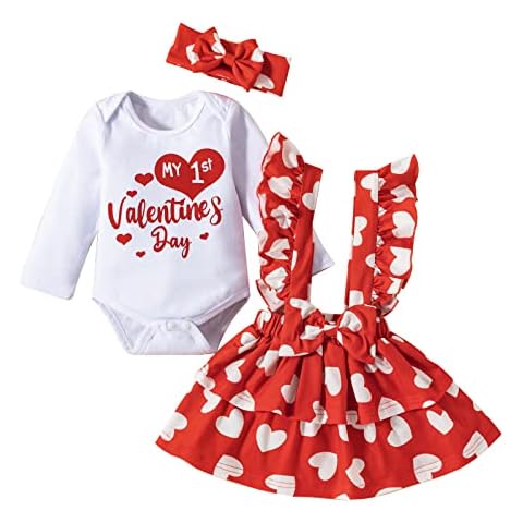 Baby Girl My 1st Valentine's Day Outfits Long Sleeve Romper Tops Heart Print Suspender Skirt Headband Baby Valentine 's Day Outfits Set for 0-18 Months (White, 6-12 Months) Cover