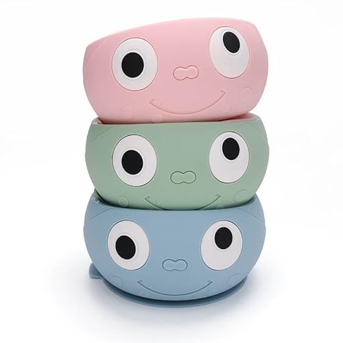 YOUTALI Ensemble de 3 Bols Ventouse Pour Bébé en Silicone Alimentaire, Rose, Vert Et Bleu Avec Smiley, Pour Une diversification alimentaire bébé Sans BPA, Micro-Ondable Et Lave-Vaisselle