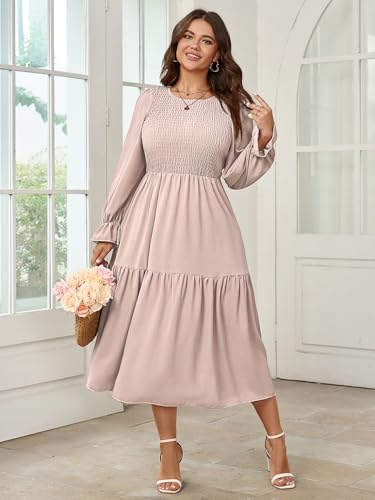 Image of SHESTARR Women's Plus Size Dress Long Sleeve Crewneck Smocked Tiered Flowy Boho Wedding Party Maxi Dresses