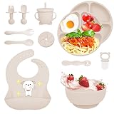 Bizcasa Coffret Repas Bebe 12 pièces, Vaisselle Antiderapant pour Bébé Set Silicone avec Ventouse Assiette Bol Fourche Cuillère Bavoir et Tasse, Assiette Enfant Set, Sans BPA (Beige)
