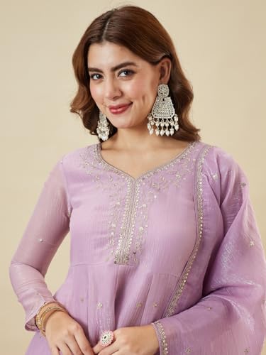 Image of MOKOSH Women's Silk Embroidery Peplum Kurta Sharara with Dupatta | Anarkali Kurta Set | Sweetheart Neck Full Sleeve Ethnic Suit | 3 Piece Outfit | Indian Kurta Outfit With Sharara