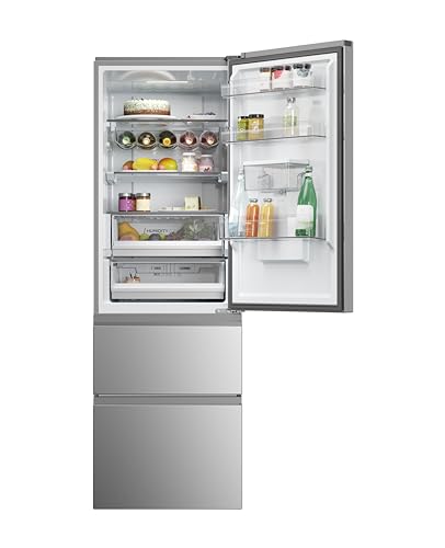 Haier 3D 60 Series 5 Freestanding Fridge Freezer with Water Dispenser, 3 Doors, Total No Frost, E Class, 357L Total Capacity, hOn App, AI & Wi-Fi Connected, Silver, 60x67x185 cm - HTW5618EWMG