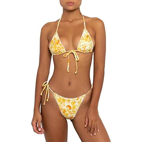 Bikinis Swimsuit Set for Women Swimwear Triangle Bathing Suit Tie String Thong, Yellow, Medium Cover