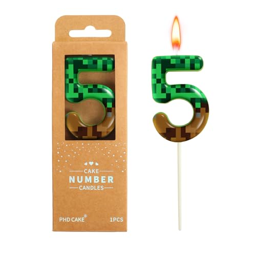 PHD CAKE 2.76 Inch Number 5 Pixel Block Birthday Candles Green Miner Number Candles Cake Number Candles Party Celebration Style Candle