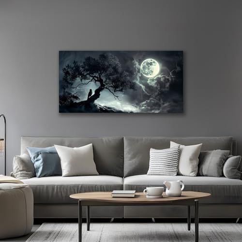 SERIMINO Large Wall Art for Living Room, Dark Landscape Canvas Prints Paintings, Moonlit Night Pictures Wall Decor Aesthetic, Moon and Tree Modern Home Decor Bedroom Bathroom Office Artwork 24"X48"