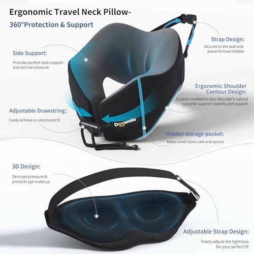 Image of Patented Head-Bobble-preventing Ergonomic 360 Supporting Golden Formula Memory Foam Travel Neck Pillow w /3D Contoured Eye Mask Set Long Trip Sleeping Essentials for Airplane Flight Car Bus