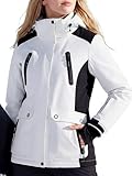 FREE SOLDIER Women's Waterproof Ski Snow Jacket Warm Fleece Lined Winter Rain Jacket with Hood Fully Taped Seams (White Black,Medium)