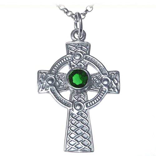 Alexander Castle Solid 925 Sterling Silver & Green CZ Celtic Cross Pendant Necklace for Women with 18\" Silver Chain & Jewellery Gift Box - 32mm x 20mm