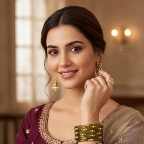 Image of SUNDRAM Women's Premium Fancy Glass Bangles for Women & Girls |with Zircon Gemstone Work & Charm| Traditional Ethnic Bangles Set of 12