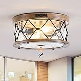 Motion Sensor Outdoor Flush Mount Ceiling Light, Industrial Glass Rustic Wood-Like Finish 2-Light Ceiling Lamp for Porch, Entryway, Garage, Timer and Sensitivity Adjustable (Wood-Like-Round)