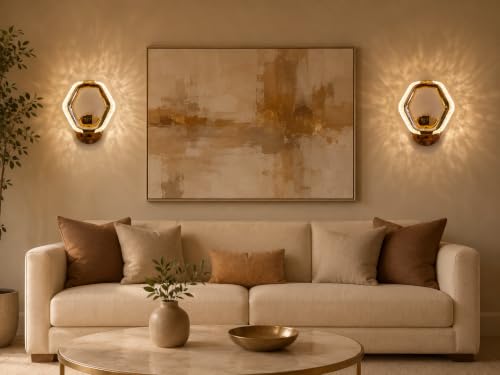Image of fizzytech Crystal LED Wall Light, Modern Gold Finish Decorative Wall Lamp with 3 Colour Changing Modes for Living Room, Bedroom, Hallway & Home Decor (Hexagon, Pack of 2)