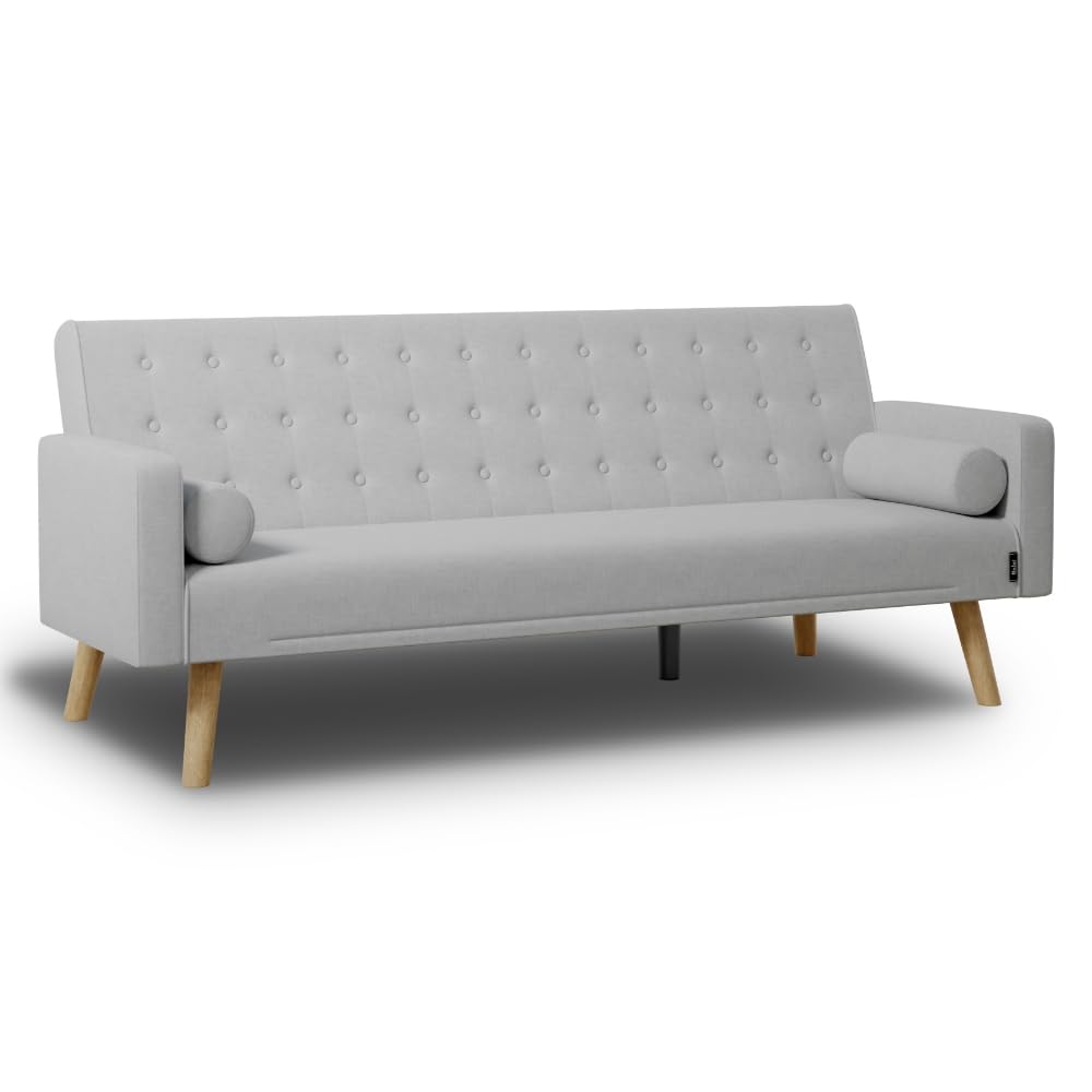 Nalui - Sofá Cama 3 Plazas Acolchado 203x82x78cm One Dots, 2 Cojines y Apertura Clic-Clac con Reclinación Ajustable. Sofa de Salon 3 Plazas con Patas de Madera Convertible en Cama Doble|Gris Claro