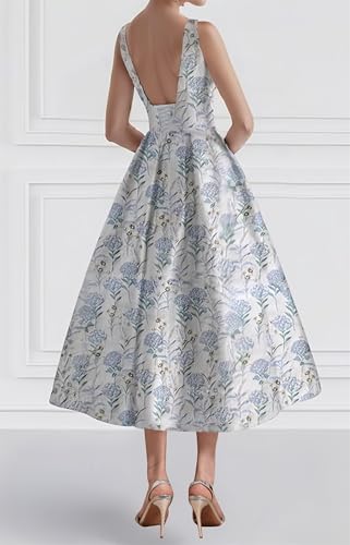 Tea Length Mother of The Bride Dresses Jacquard Floral Print Prom Dress Crew Neck Formal Evening Gowns with Pockets2