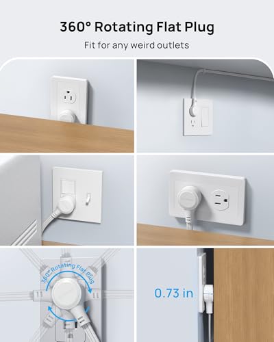 Image of TROND 360 Rotating Flat Plug Power Strip with USB PD 20W, 10FT Flat Extension Cord Surge Protector 1300J with 9 Outlets 4 USB Ports, Wall Mountable, for Home Office Travel Dorm Room Essentials, White