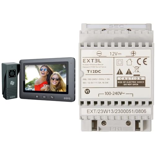 Eura VDP-45A3 Alpha Interphone vidéo 4 Fils avec écran Couleur 7 Noir & Alimentation modulaire pour visiophones filaires EXTEL alimentés en 12V