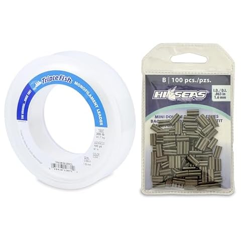 Triple Fish Fishing Bundle: 200 lb Monofilament Leader (100 yd), 100 Hi-Seas Mini Double Barrel Copper Crimp Sleeves (1.6 mm ID), Black Cover