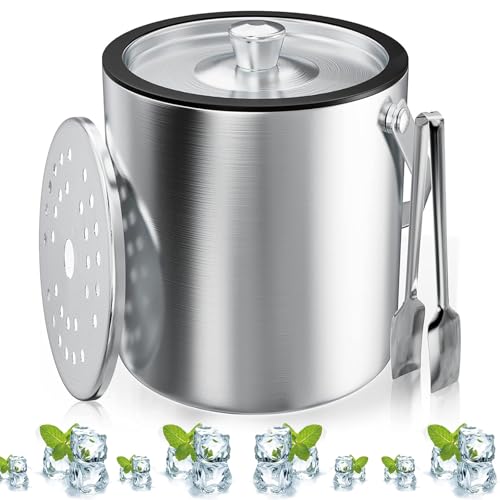 Seau à Glace, Bac à Glaçons Rond Avec Passoire et Pince à Glace, 2L Bac à Glaçons, Bac à Glaçons en Inox, Seau à Glace Réutilisable en Acier Inoxydable, Fête, Pour Conserver la Glace et Boissons