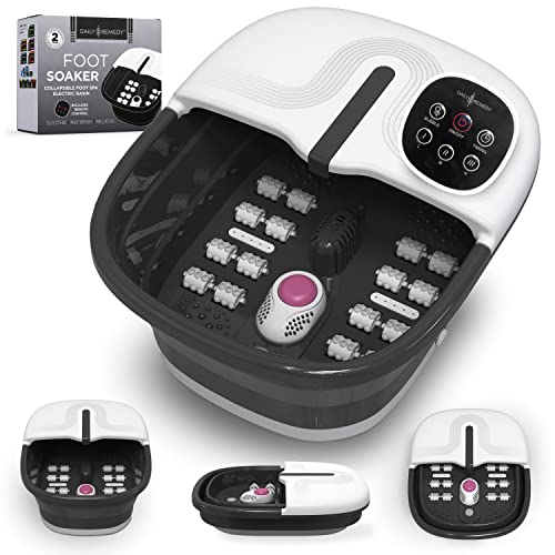 Daily Remedy Collapsible Foot Spa Bath with Remote Control, Electric Foot Soaking Bath Basin with Temperature Control, Feet Rollers & Pumice Stone, Best Foot Soak Tub for Tired Feet - Black