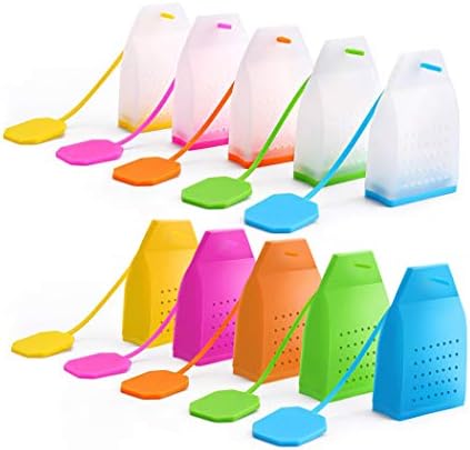 10 Pcs Reusable Silicone Tea Bags with Long Rope, Creatiee Premium Loose Leaf Tea Infuser Strainer for Tea Cups, Mugs and Teapots - Assorted Colors, Upgraded Holes & Better Filter(Transparent+ Pure)
