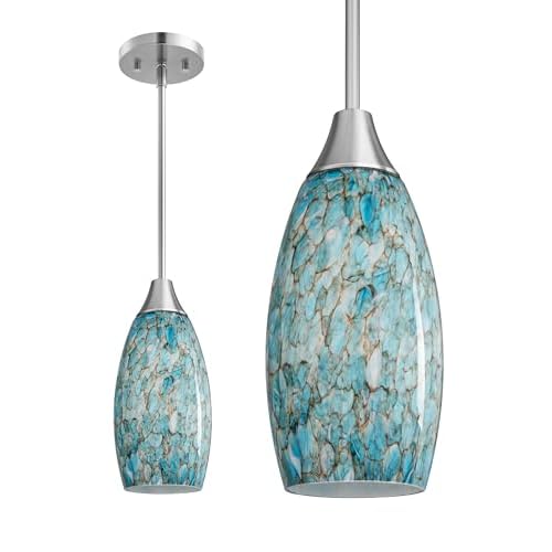EDISHINE Pendant Light, Hand Blown Hanging Light Fixture, Adjustable Brushed Nickel Rods, Blue Glass Pendant Lighting for Kitchen Island, Sink, Bathroom, Dining Room Light Blue