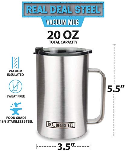 Stainless Steel Vacuum Insulated Mugs: 20 oz Large Double Wall Coffee Mug, Set of 2 with Lid and Handle, Camping Mug that Keeps Coffee Hot, Beer Mug that Keeps Beer Cold (Stainless Steel)
