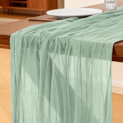 Cheesecloth Table Runner Sage Green 300 x 90 CM Table Runner Bohemian-style Gauze Rustic Gauze Fabric Tablecloth for Wedding Parties Christmas and New Years Eve Table Decoration