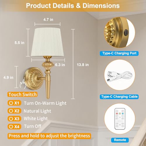 Image of Cordless Battery Powered Wall Sconce Vintage Set of 2, Touch Type & Remote, Timer, Wireless 6800mAh Rechargeable Battery Small Wall Lamp for Wall Painting, Living Room, Bedroom, Hallway, Gifts(Gold)