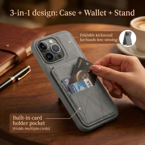 Image of amazon basics Premium Vegan Leather Back Cover with Card Holder and Integrated Mobile Stand for iPhone 15 Pro Max - Slim Shockproof Wallet Case with Geometric Stitching [Gray]