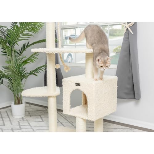 Mueble rascador para gatos de madera y peluche beige 57" miniatura 5
