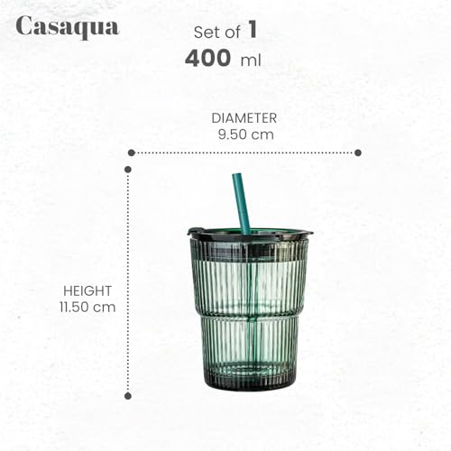 Image of Premium Ribbed Drinking Glass Tumbler with Lid & Straw - 400ml, Set of 1, Reusable Green Minimalist Mug for Iced Coffee, Juice, Smoothies & Cold Beverages, Leak-Resistant Travel Cup