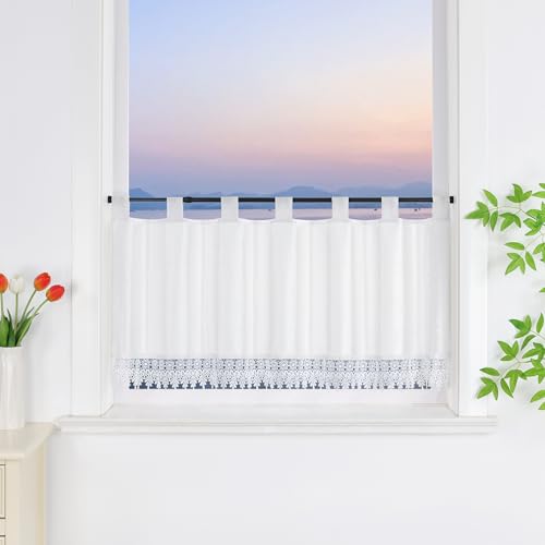 HeichkelL Visillo con trabillas, semitransparente, cortina corta con encaje, cortina corta, color blanco, 45 x 90 cm (alto x ancho)