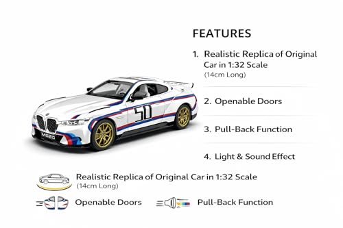 Image of Wizplex MSZ Official Licensed BMW 3.0 CSL Diecast Model Car 1:32 Scale | Light & Sound | Pull Back Action | Metal Sports Toy | Collectible Display & Gift