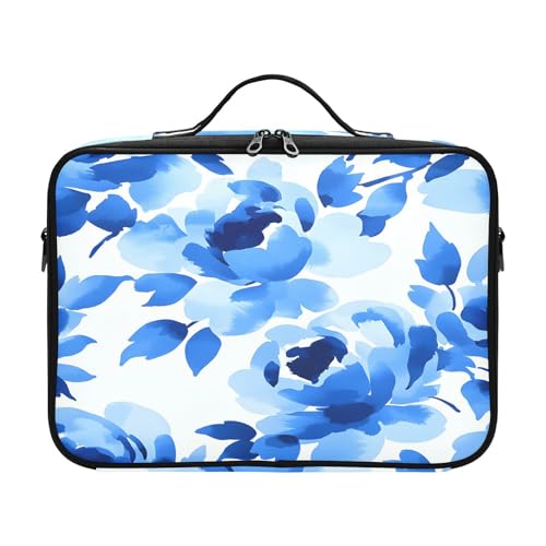 Travel Makeup Train Case Flower Blue Leaves Watercolor Pattern Cosmetic Organizer Portable Storage Bag with Adjustable Dividers for Cosmetics Brushes Toiletry Jewelry Digital Accessories