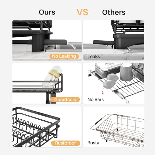 Image of SNTD Dish Drying Rack - Extendable Dish Rack, Large Sink Drying Dish Drainer for Kitchen Counter, Stainless Steel Dish Strainer with Utensil Holder (Black)