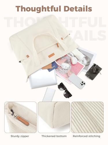 Lekespring Cord Tasche Damen, Groß Tote Bag Strandtasche mit Reißverschluss, Shopper Tasche Damen Laptoptasche mit 17 Zoll Laptopfach, Elegant Handtasche Umhängetasche für Arbeit Schule Gym-Beige