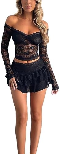 2枚組レディースミニスカートエレガントレースのへそ出しトップスタイトスカートチュールY 2 Kコーディネートセット