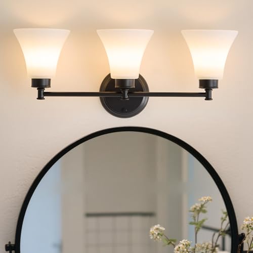 Image of LOUSACE 3 Light Bathroom Vanity Light Matte Black Bathroom Lighting Fixtures Over Mirror with Opal White Frosted Glass, Vintage Traditional Wall Lighting Fixture Vanity Sconces Light for Bedroom