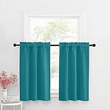 Picture of NICETOWN Short Blackout Curtains for Bedroom - Thermal Insulated & Light Blocking Window Curtains for Living Room Bedroom, Rod Pocket 2 Drape Panels, Peacock Teal, 29 x 36 Inch Length