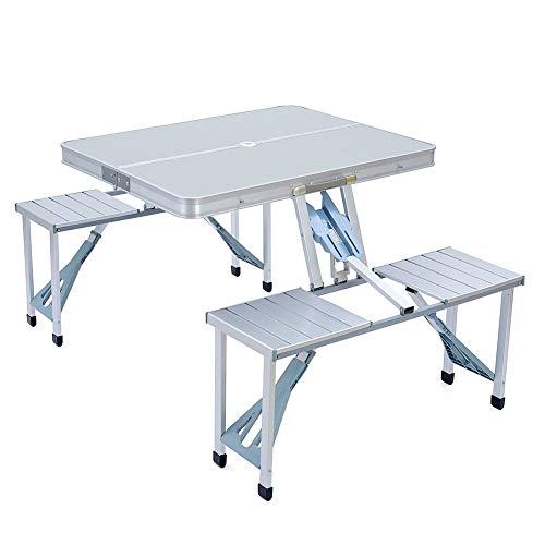 Klappbar Campingtisch und Bank, Aluminium tragbar Draussen Picknick BBQ Garten,Loch Zum Sonnenschirm Faltbar Griff (Farbe : Silber) Sport 