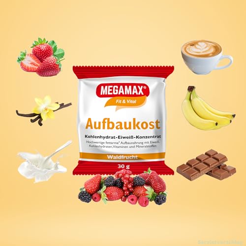 MEGAMAX Aufbaukost in 4 verschiedenen Geschmacksrichtungen. Ideal zur Kräftigung und bei Untergewicht. Pulver zur einfachen Zubereitung eines fettarmen Kohlenhydrat-Eiweiß-Getränkes.
