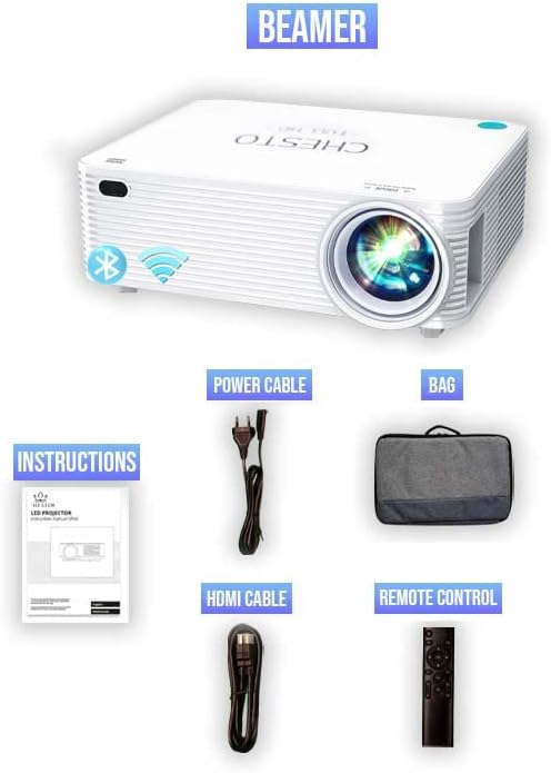 Image showing Chesto Beamer, power cable, bag, instructions, HDMI cable, and remote control