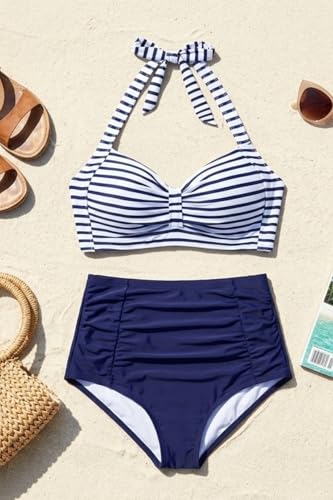 Image of Holipick Women High Waisted Bikini Set Two Piece Swimsuit Tummy Control Bathing Suit Vintage Halter Swimwear