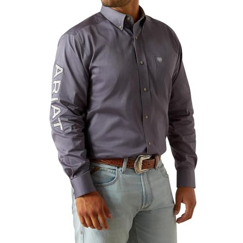 Ariat Men's Team Logo Twill Classic Fit Shirt, Grey/White, X-Large
