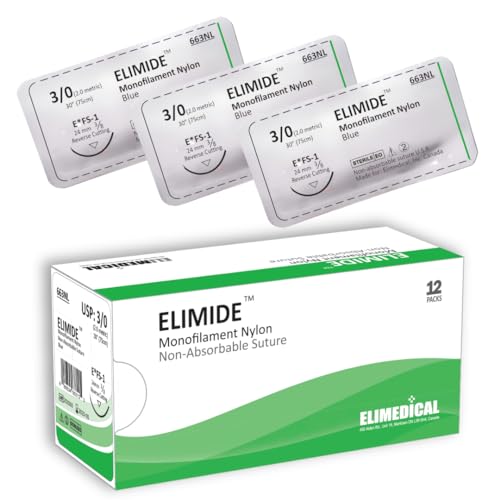 Image of ELIMIDE Veterinary Nylon Non-Absorbable Monofilament Sutures, Reverse Cutting 3 /8 Circle, 24mm, 3 /0 30 inch (76 cm), 12 Individual Pack, FS1, Blue, 663NL