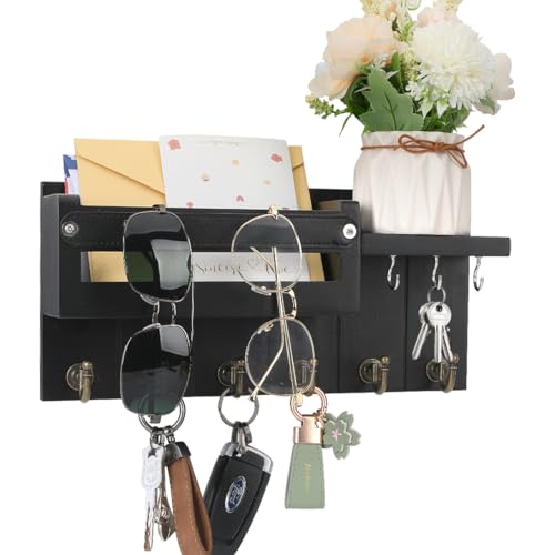 CypherX Key Holder Wall Mount - Decorative Key Holder for Wall with 9 Hooks, Modern Farmhouse Key and Mail Holder for Entryway - Pinewood Key Hanger with Shelf, Living Room Home Decor Essentials