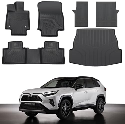 Alfombrillas De Coche De 3W Compatibl Con Toyota RAV4 2019-2024 2025 TPE, Revtimiento De Suelo Personalizado Para Todo Tipo De Clima, Juego Completo De Maletero Negro / Recambios De Herramientas