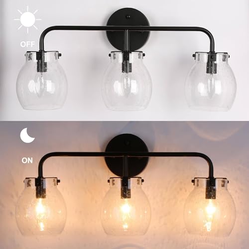 Image of KSANA Black Bathroom Light Fixtures, 3 Light Matte Black Vanity Lights for Bathroom with Seeded Glass Globe, 22 inch Modern Farmhouse Bathroom Lights Over Mirror