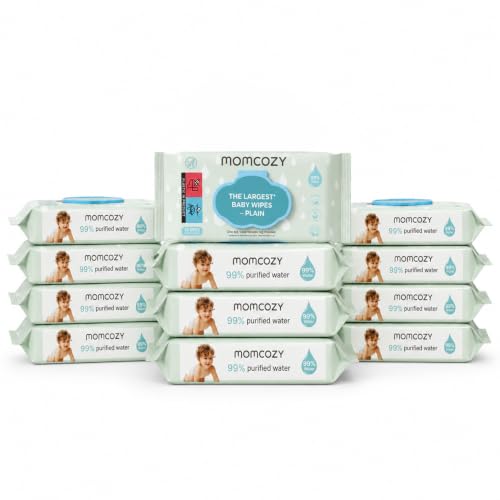 Image of Momcozy PLAIN Baby Wipes Unscented, Minimal Ingredient Formula, 12 Packs | 99% Purified Water Base, Hypoallergenic, Cleansing & Moisturizing Wet Wipes for Sensitive Skin, 720 Count (12 Packs)